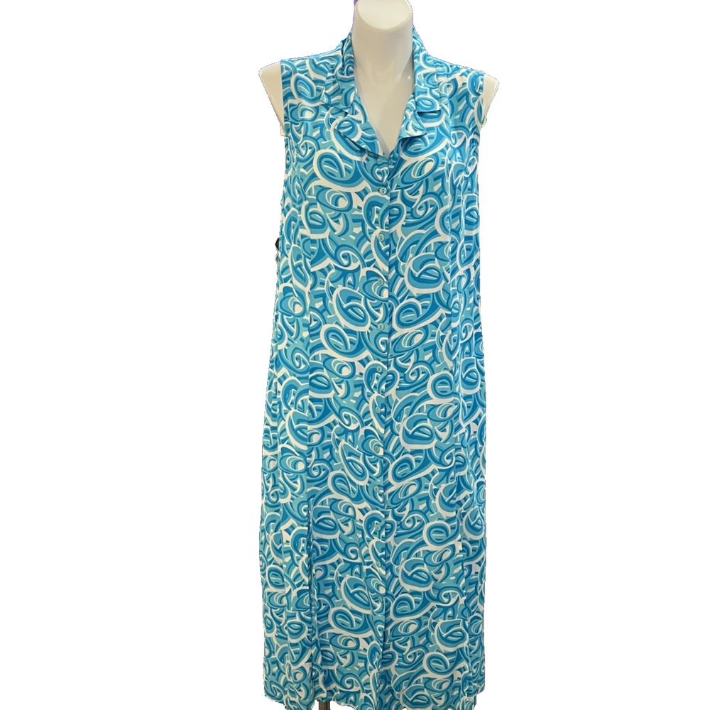 Carolina Colours Plus 22W Blue White Swirl Button Up Rayon Sleeveless Dress